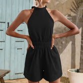 Casual Solid Color Jumpsuit Halter Sleeveless Backless Lace Up Shorts